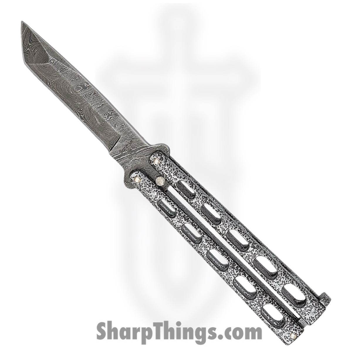 7e6d3b94-ae49-4ee5-be51-4fdf249e592d_BC114AD_1.jpg Bear & Son - BC114AD - Butterfly Silver Vein - Balisong - Damascus Damascus Tanto - Powder Coated Zinc - Silver Black - Image 1