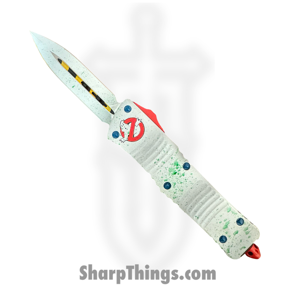 7e7fefa6-7224-49d8-b3e5-b90f5e02d1a8_142-1GBS_1.jpg Microtech - 142-1GBS - Combat Troodon D/E Ghost Busters - OTF Auto - M390MK Cerakote Dagger - 6061-T6 Aluminum - White - Image 1