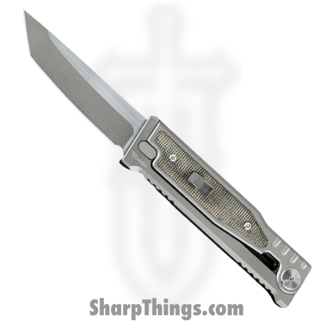 7f2673f4-5b17-4294-9d3e-2d075664eb4f_EXOM-TNMIGR_1.jpg Reate Knives - EXOM-TNMIGR - EXO-M - OTF Gravity Knife - Satin Elmax Tanto - Titanium w Micarta - Green - Image 1