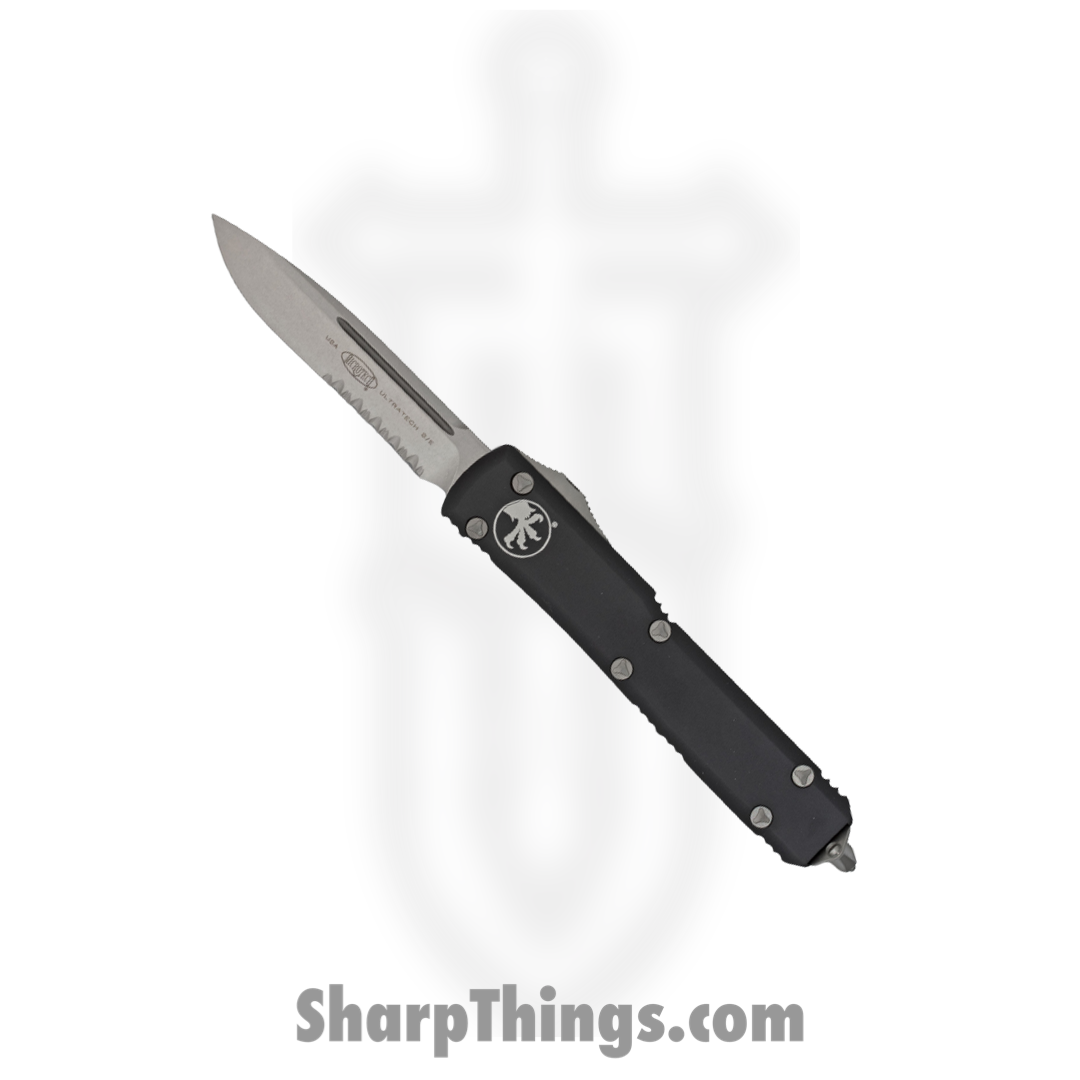 809e82f7-a212-4cb1-8bcf-1ebb624a237d_121-12_1.png Microtech - 121-12 - Ultratech - OTF Auto - Elmax, M390, 204P Stonewash Drop Point - 6061-T6 Aluminum - Black - Image 1