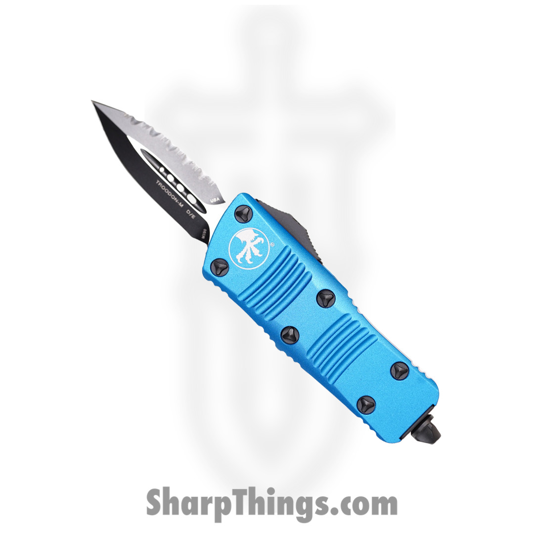 80d2718f-081d-4461-8710-1e5884705738_238-3BL_1.jpg Microtech - 238-3BL - Troodon Mini - OTF Auto - M390 Coated Dagger - 6061-T6 Aluminum - Blue - Image 1
