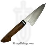 Royalty Rings Co. - RRC-Kirpet-01 - Kiritsuke petty - Fixed Blade Knife - AEB-L Satin Kiritsuke - Teakwood Burl - Brown/Black/White