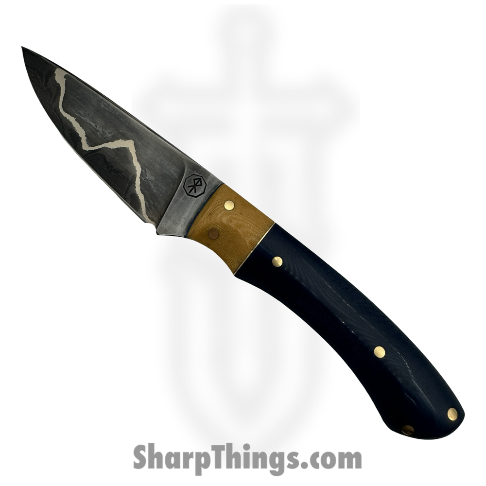 82b56e59-e3c7-4abb-b574-9cbc82d7f37e_RRC-EDC-01_1.jpg Royalty Rings Co. - RRC-EDC-01 - EDC - Fixed Blade Knife - Wroght Iron Clad Damascus Straight Back - Micarta – Butterscotch/Blue - Image 1