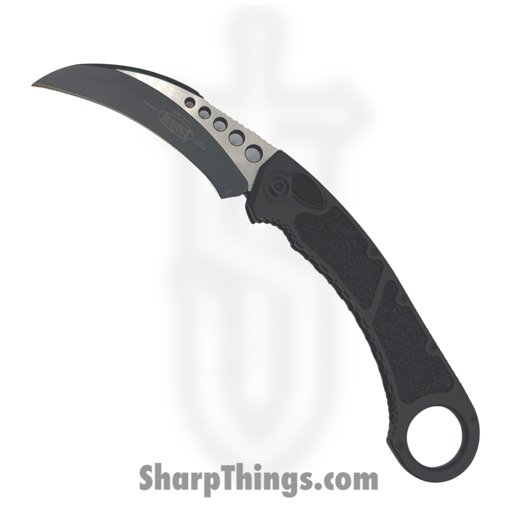 8442249d-5c2a-444c-a0ad-3c1fd08ff21a_266-1T_1.jpg Microtech - 266-1T - Hawk Karambit - Automatic Knife - M390 Black Hawkbill - Aluminum with Traction Tape Inserts - Black - Image 1