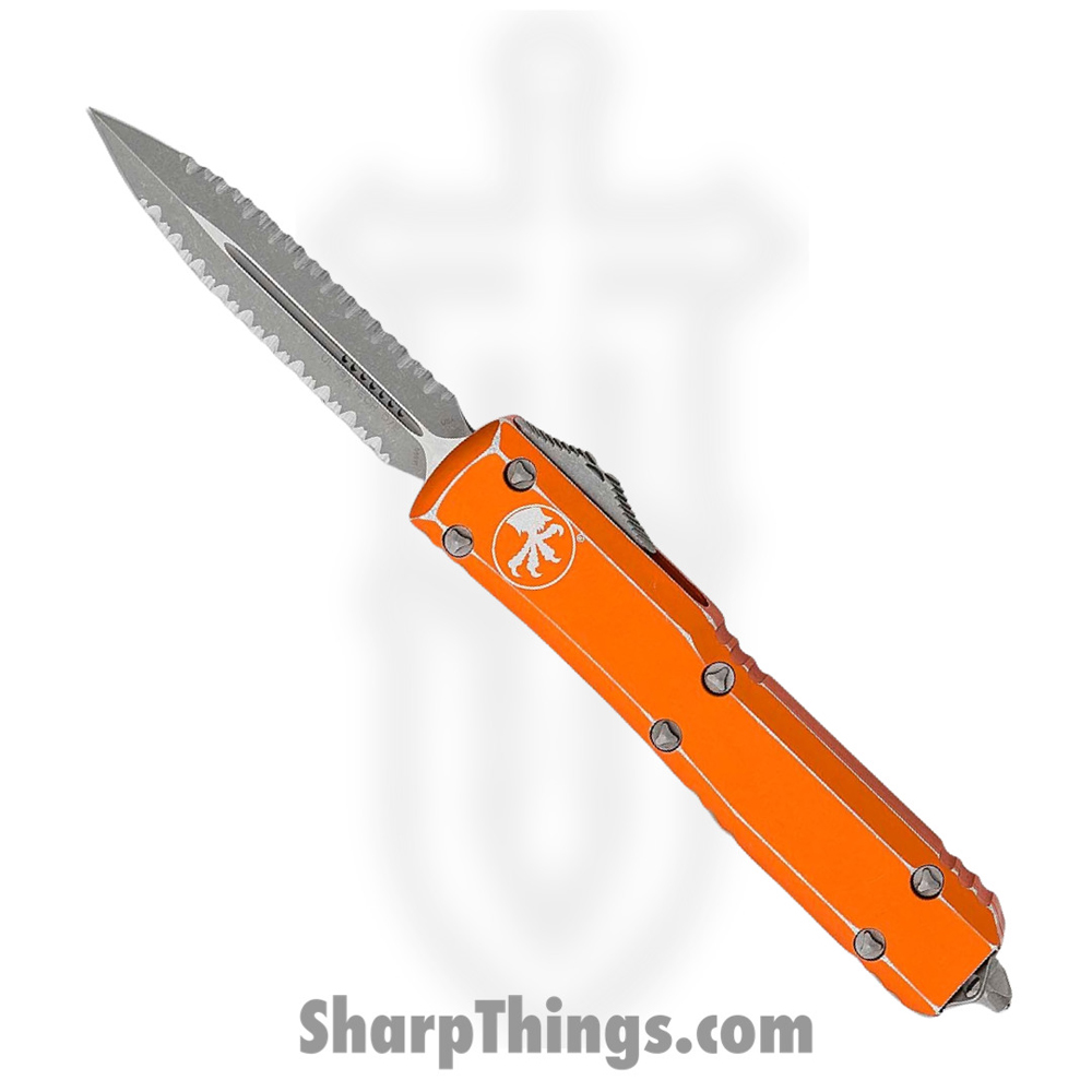 8734bdfc-f888-44a3-ae06-3ba18f23855d_122-D12DOR_1.jpg Microtech - 122-D12DOR - Ultratech - OTF Auto - Elmax Apocalyptic Dagger - 6061-T6 Aluminum - Distressed Orange - Image 1