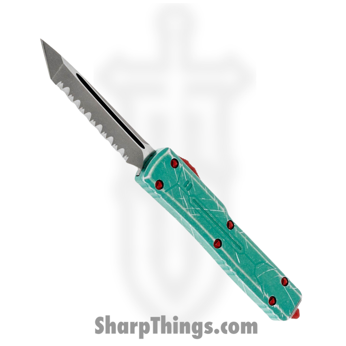87ed2fc1-0777-4f8d-b990-dc8fcc1d9e41_149-12BH_1.jpg Microtech - 149-12BH - UTX-70 Bounty Hunter Serrated - OTF Auto - Apocalyptic Tanto - 6061-T6 Aluminum - Green Apocalyptic - Image 1