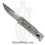 Reate Knives - EXOM-DPMIGR - EXO-M - OTF Gravity Knife - Satin Elmax Drop Point - Titanium w Micarta - Green