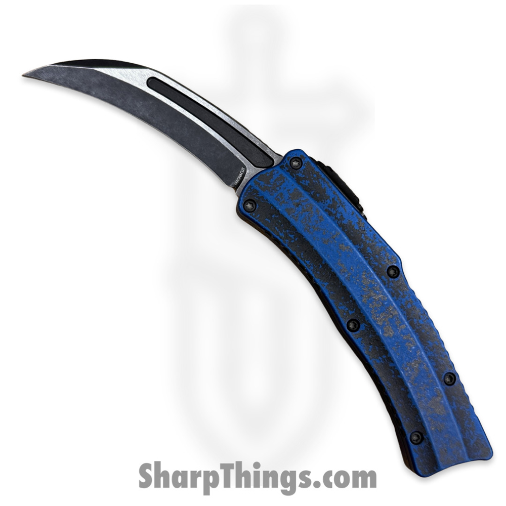 8b0bb49a-a383-4cf7-8dfd-1867dd743632_H060-14A-BRKBLU_1.jpg Heretic Knives - H060-14A-BRKBLU - Roc - OTF Auto - Magnacut Stonewash Hawkbill - 6061-T6 Aluminum - Breakthrough Blue/Black - Image 1