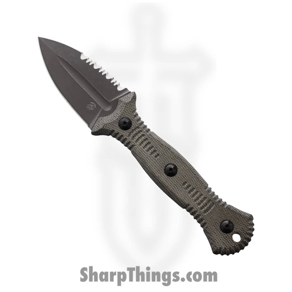 8c4bcb24-5f05-4d5c-bcd5-9584b42d73cc_BAS239_1.jpg Bastinelli Creations - BAS239 - Telum Serrated - Fixed Blade Knife - M390 Black Stonewash Spear Point - Linen Micarta - Green - Image 1