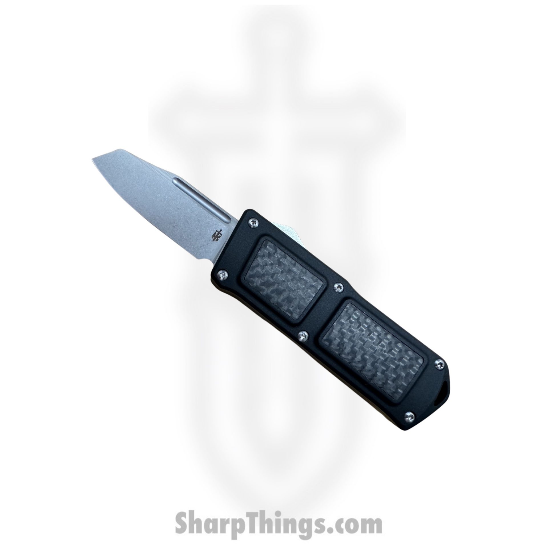 8cebfe12-6ca1-4ad1-8096-65a7a24a6697_Stubby-W-ST_12.jpeg TakCom - Stubby-W-ST - Stubby - OTF Auto - 154CM Stonewash Wharncliffe - 6061-T6 Aluminum w CF Inlay - Black - Image 1