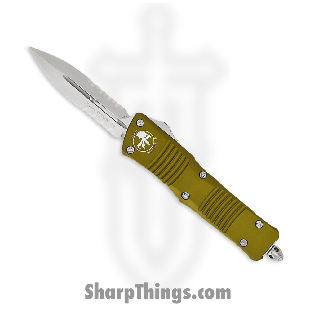 8d21a0bf-53a1-49cd-9b29-9c7e06de8fd1_142-11OD_1.jpg Microtech - 142-11OD - Combat Troodon - OTF Auto - Stonewash Dagger Partially Serrated - 6061 T6 Aluminum - OD Green - Image 1