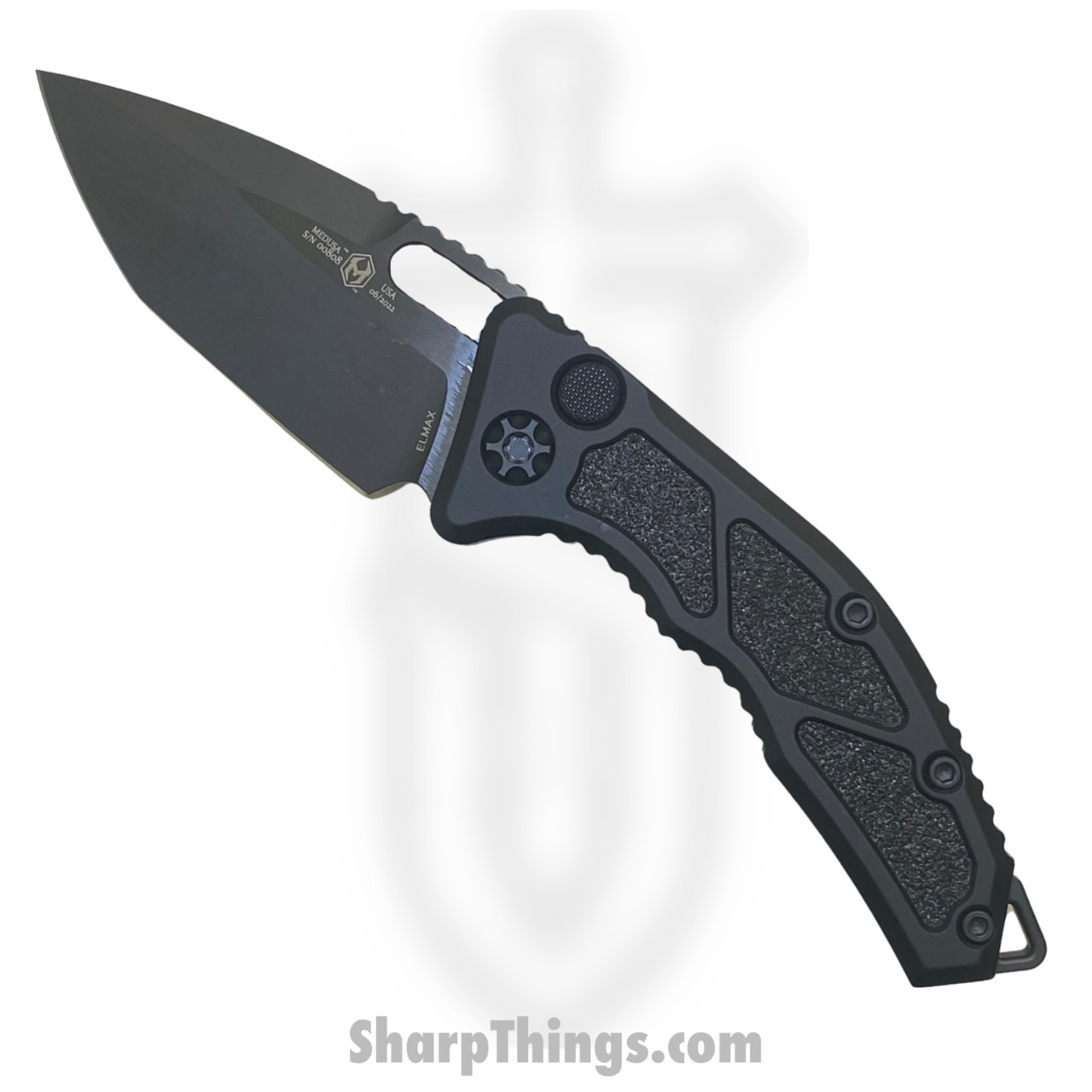 8d53bb6f-a975-4b89-bac3-283c3eb2ff89_MDH011-6A-T_1.jpg Heretic Knives - MDH011-6A-T - Medusa - Automatic Knife - S35VN Coated Tanto - 6061-T6 Aluminum/Traction Inlay - Black - Image 1