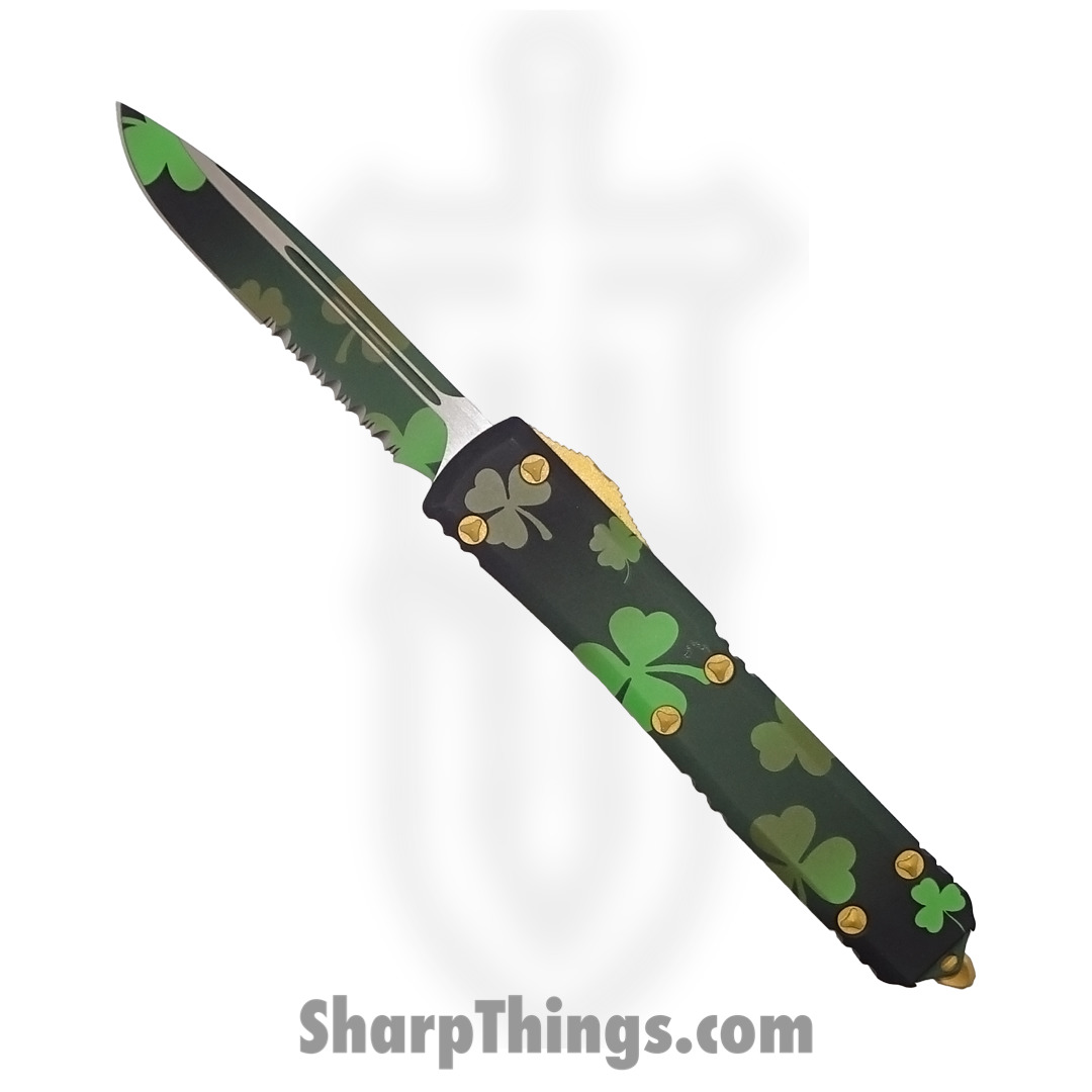 8df70cb9-de79-496c-aa41-46691841d5bd_121-2SPDS_1.jpg Microtech - 121-2SPDS - Ultratech Signature Series - OTF Auto - 121-2SPDS Ultratech Signature Series OTF Auto - 6061-T6 Aluminum - Green Lucky Clover/Gold - Image 1