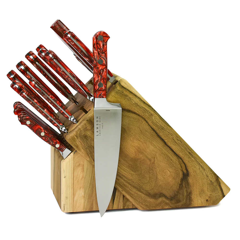 8dfa0d54-51be-4a1f-99b3-5bb0cceacb6f_59997_1.jpg Lamson - 59997 - 22 Piece Premiere Forged Natural Walnut Knife Block Set - 4116 Polished - Acrylic - Fire - Image 1