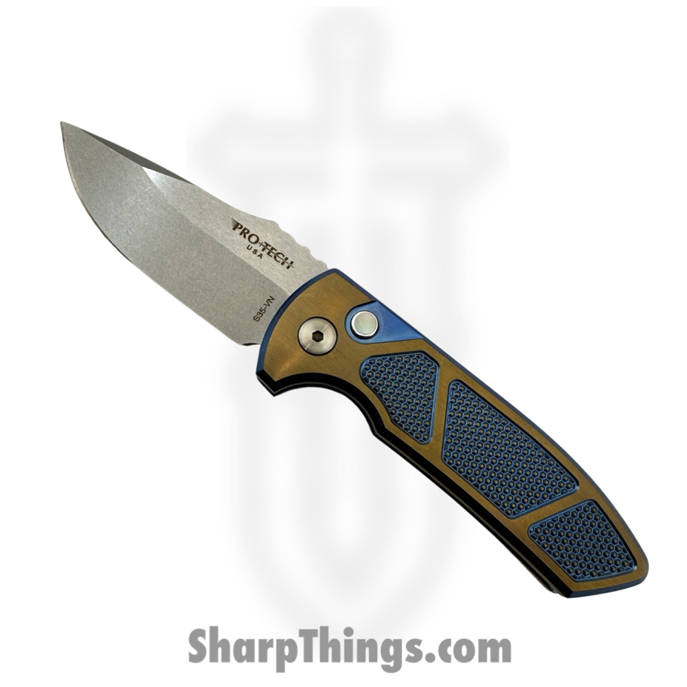 8fcd9883-4b4c-4781-a3ab-29d1e00d19fc_2023-SBR-Custom-006_1.jpg ProTech - 2023 SBR Custom 006 - SBR Custom Titanium Auto - Automatic Knife - S35VN Stonewash - Knurled Titanium - Blue|Bronze - Image 1