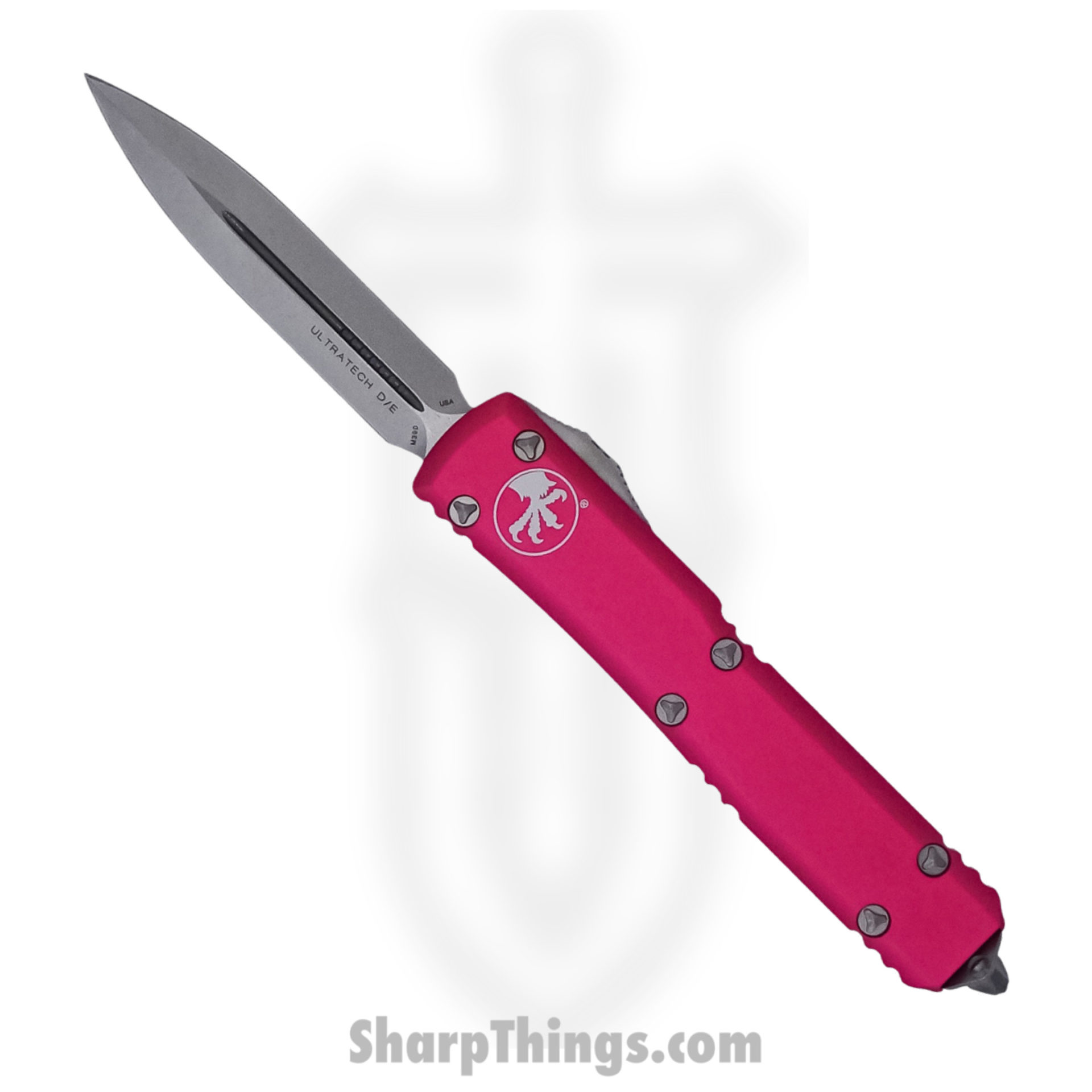 8fde1ee4-89e0-4f46-bb74-78bd0d71ab31_122-10PK_1.jpg Microtech - 122-10PK - Ultratech - OTF Auto - Elmax, M390, 204P Stonewash Dagger - 6061-T6 Aluminum - Pink - Image 1
