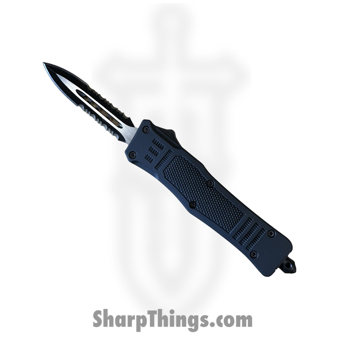 90e17bd7-59ee-4a6f-acdc-fd53c41f9008_SB616DGSBK_1.jpg Steel River Knives - SB616DGSBK - Midway II OTF Auto - 440 2 Tone Dagger Serrated - Black - Image 1