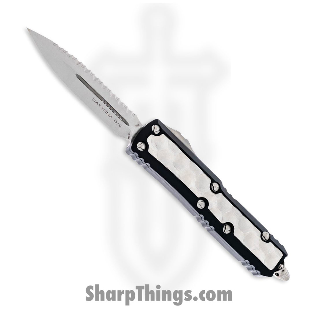 91ce018d-be77-4ed6-9f84-56ea153e4234_126-12BIS_1.jpg Microtech - 126-12BIS - UTX-85 Daytona - OTF Auto - Stonewash Double Edge Dagger Serrated - Brute Inlay - Black - Image 1