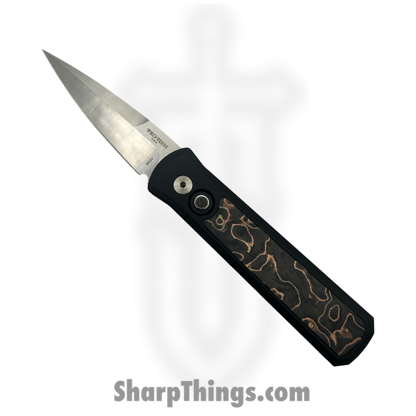 936f3440-a8e6-422d-860c-eda44df999ff_7210-LIVEWIRE_1.png ProTech - 7210-LIVEWIRE - Godson - Automatic Knife - 20CV Satin Spear Point - Aluminum Livewire CF Inlay - Black Copper - Image 1
