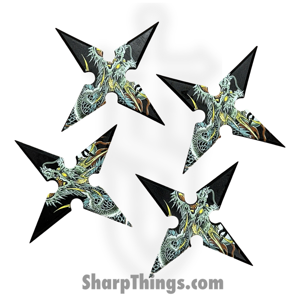9390ce83-6f9d-4e7a-b49a-d1486a34b7ca_PP-125-4DR_1.jpg VOC - PP-125-4DR - 4in 4 Point Dragon Throwing Star - Fixed Blade Knife - Surgical Steel - Black Multi - Image 1