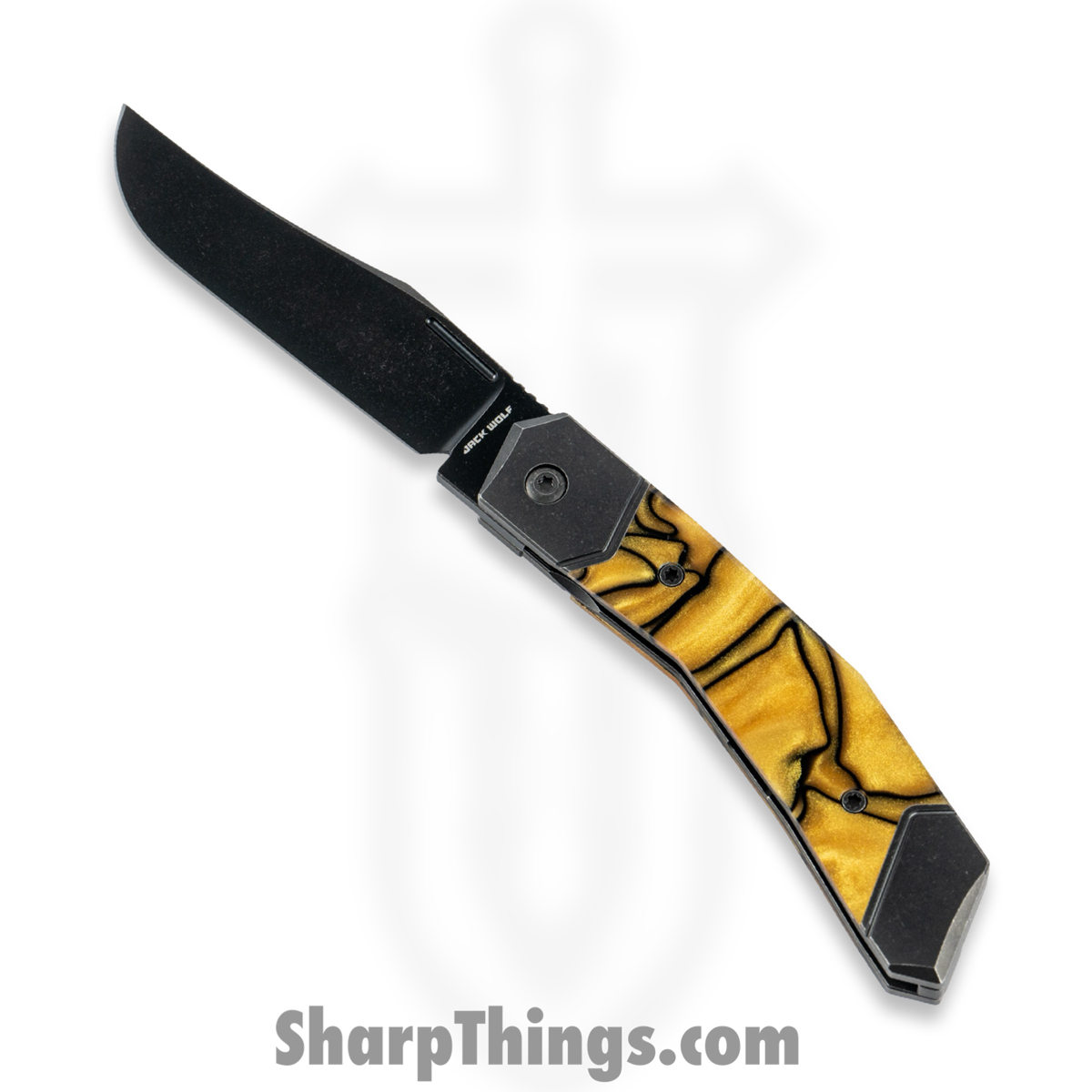 95deb417-b5bc-4304-b9ea-3a44c06ceac2_BIONI-01-KIR-LGD-GLD_1.jpg Jack Wolf Knives - BIONI-01-KIR-LGD-GLD - Bionic Jack - Folding Knife - S90V Blackwash Clip Point - Kirinite - Liquid Gold - Image 1