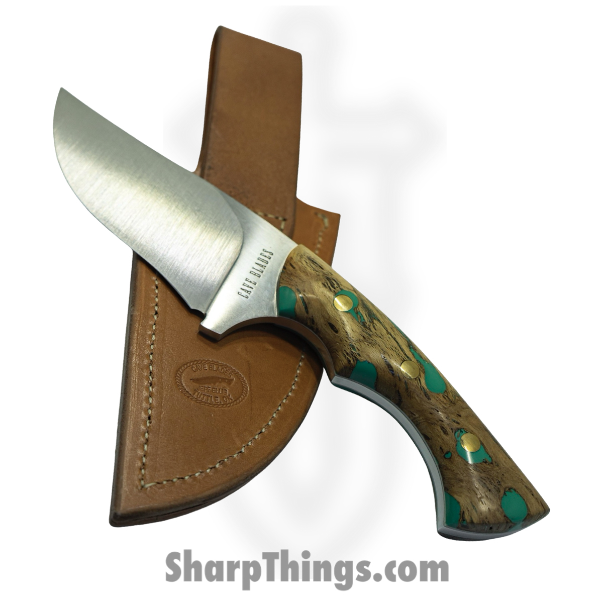 968e6424-986a-4fb6-a5b3-8d6163268ccb_CaveHunt4_1.jpg Cave Blades - CaveHunt4 - Hunter - Fixed Blade Knife - 154CM Satin Drop Point - Stabilized Wood - Brown Teal - Image 1