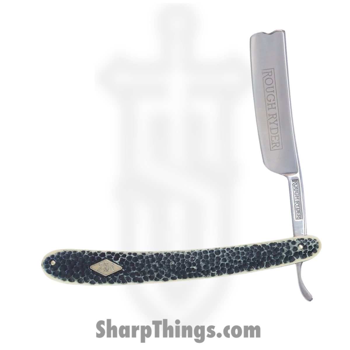 9713a625-0dad-4975-aa5d-806804ad095f_RR2327_1.jpg Rough Ryder - RR2327 - Buckshot Bone Straight Razor - Folding Knife - 440A Stainless Steel Satin Razor - Bone - Blue White - Image 1