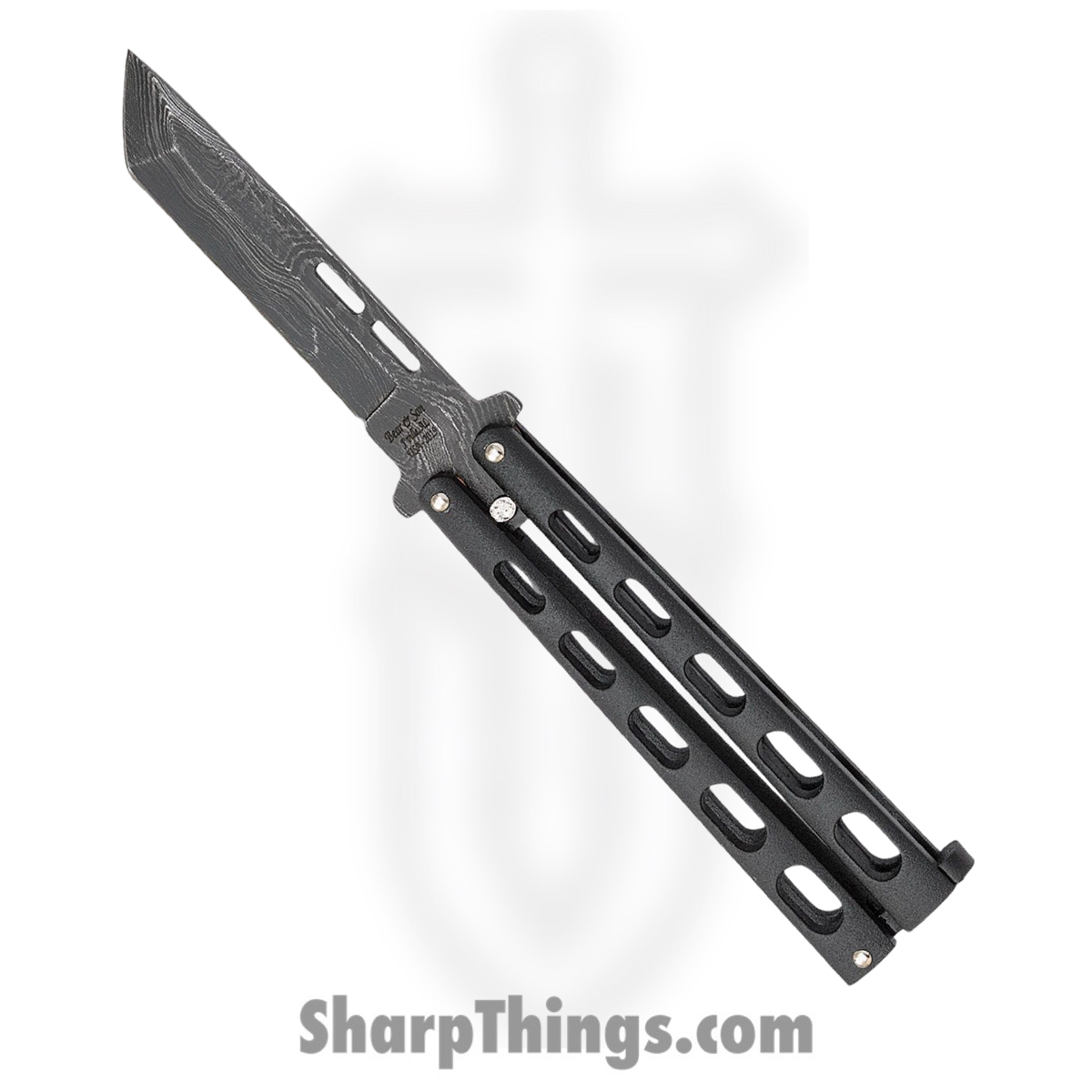 982e42d2-0535-4f70-ad76-0d9f66b5f693_BC115TAND_1.jpg Bear & Son - BC115TAND - Butterfly Silver Vein - Balisong - Damascus Damascus Tanto - Powder Coated Zinc - Black - Image 1