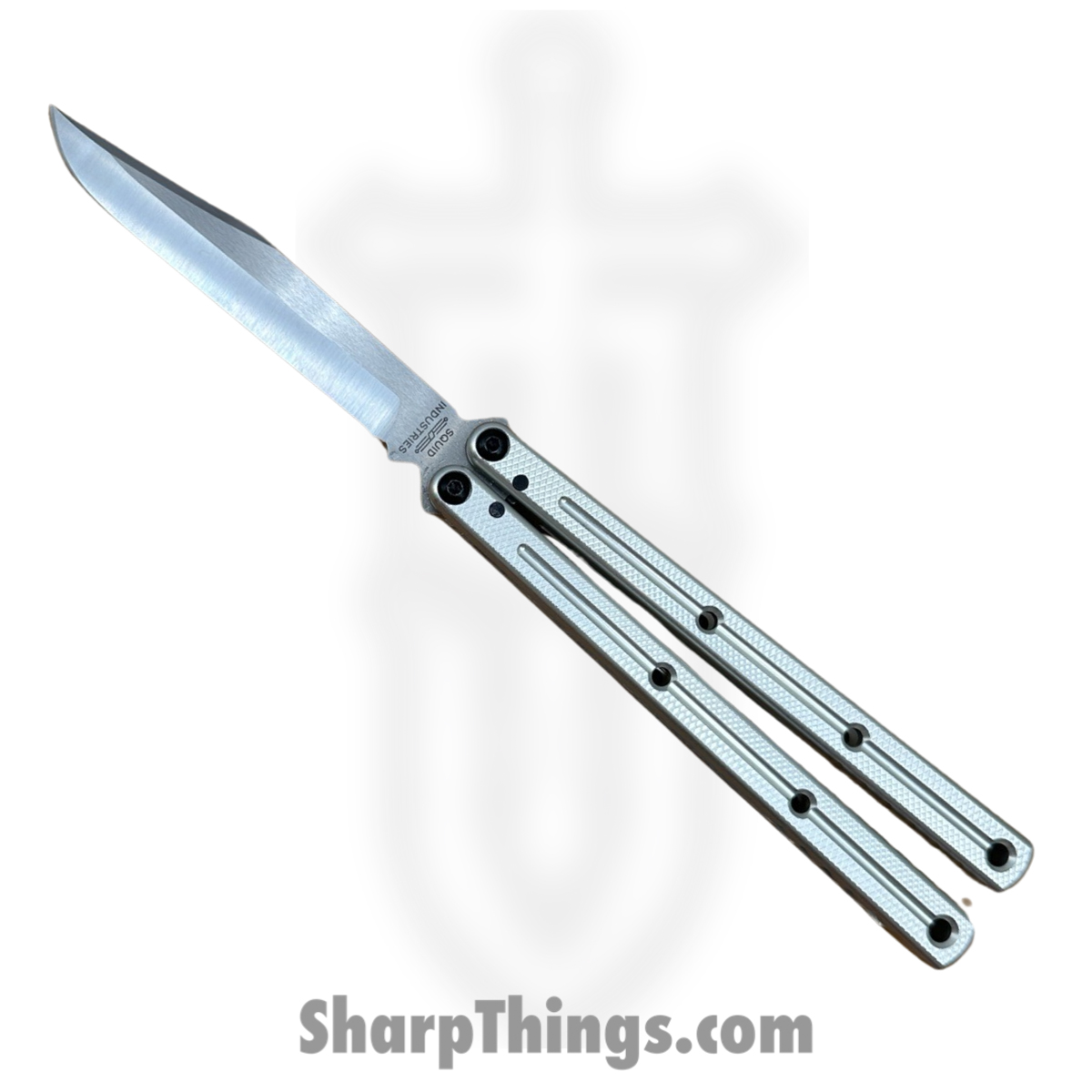 98f4a47b-250a-498a-aec0-53a078b4aeef_KR3-B-SA-SL_1.jpg Squid Industries - KR3-B-SA-SL - Krake Raken - Balisong - AEB-L Satin Bowie - 7075 Aluminum - Silver - Image 1