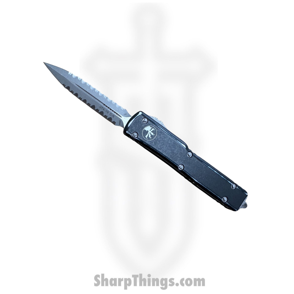 99573145-b72d-4da6-ad49-c9ca95033fb0_147-D12DBK_1.jpg Microtech - 147-D12DBK - UTX-70 - OTF Auto - Elmax Apocalyptic Dagger - 6061-T6 Aluminum - Distressed Black - Image 1