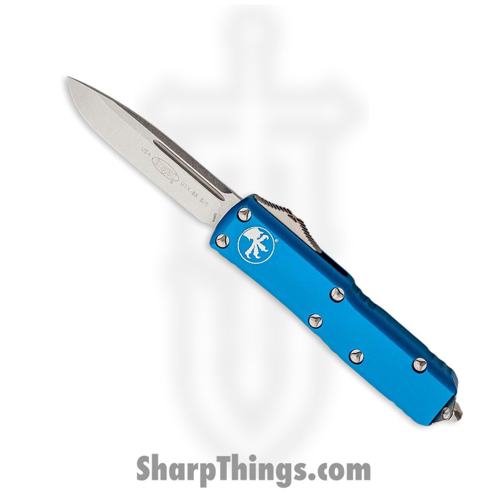 99aa7219-e038-41cc-968f-d5943055874d_231-10BL_1.jpg Microtech - 231-10BL - UTX-85 - OTF Auto - Stonewash Drop Point - 6061 T6 Aluminum - Blue - Image 1