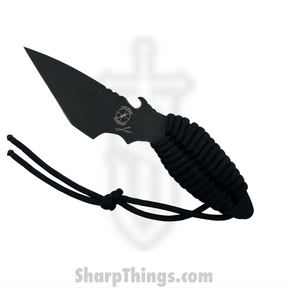9aae9ed0-f8d7-4762-9aac-adf2763798cf_DASHIBLKPARA_1.jpg Sniper Bladeworks - DASHIBLKPARA - Dashi - Fixed Blade Knife - 1095 HC Coated Kiridashi - Paracord Wrapped - Black - Image 1
