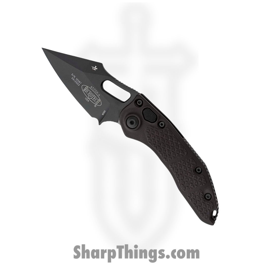 9b606345-ac82-4d2a-8583-cf2eb3312c64_169-1T_1.png Microtech - 169-1T - Stitch Tactical - Automatic Knife - DLC Spear Point - 6061-T6 Aluminum - Black - Image 1