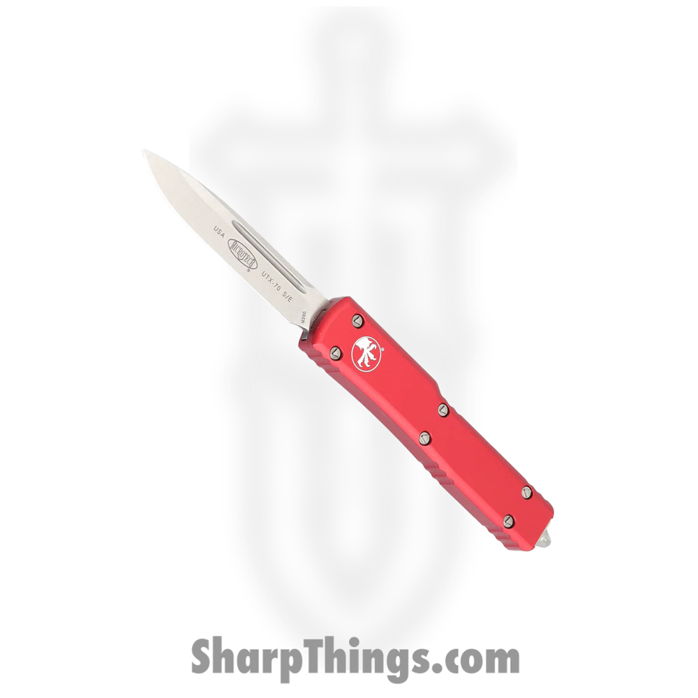 9ebe4f27-1b02-44ec-acbd-1e125798d23e_148-10RD_1.jpg Microtech - 148-10RD - UTX-70 - OTF Auto - Elmax, M390, 204P Stonewash Drop Point - 6061-T6 Aluminum - Red - Image 1