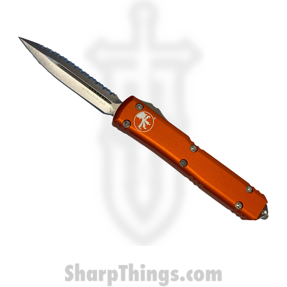 9f58feba-1a13-4f73-ad14-316e51f725b0_122-12OR_1.jpg Microtech - 122-12OR - Ultratech - OTF Auto - Elmax, M390, 204P Stonewash Dagger - 6061-T6 Aluminum - Orange - Image 1