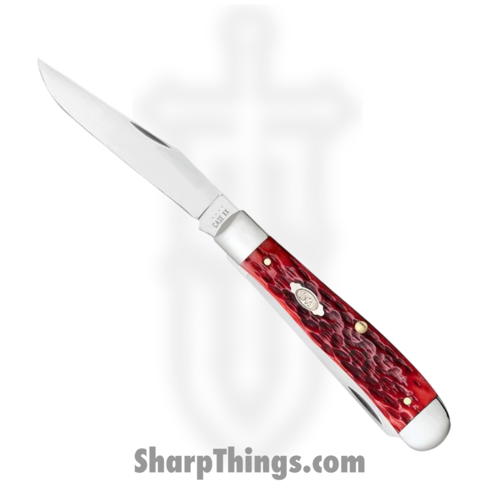 a14c4be0-0326-46de-8670-07223bc70c05_CA31950_1.jpg Case Cutlery - CA31950 - Trapper - Folding Knife - Carbon Steel Polished Clip/Spey - Peach Seed Jig Bone - Red - Image 1