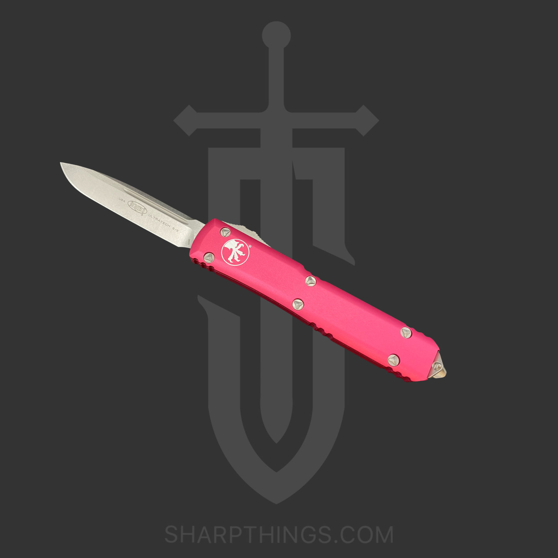 a17b28a1-2bb5-4411-acc5-046fd26f5ab1_148-10PK_1.jpg Microtech - 148-10PK - UTX-70 - OTF Auto - Elmax, M390, 204P Stonewash Drop Point - 6061-T6 Aluminum - Pink - Image 1
