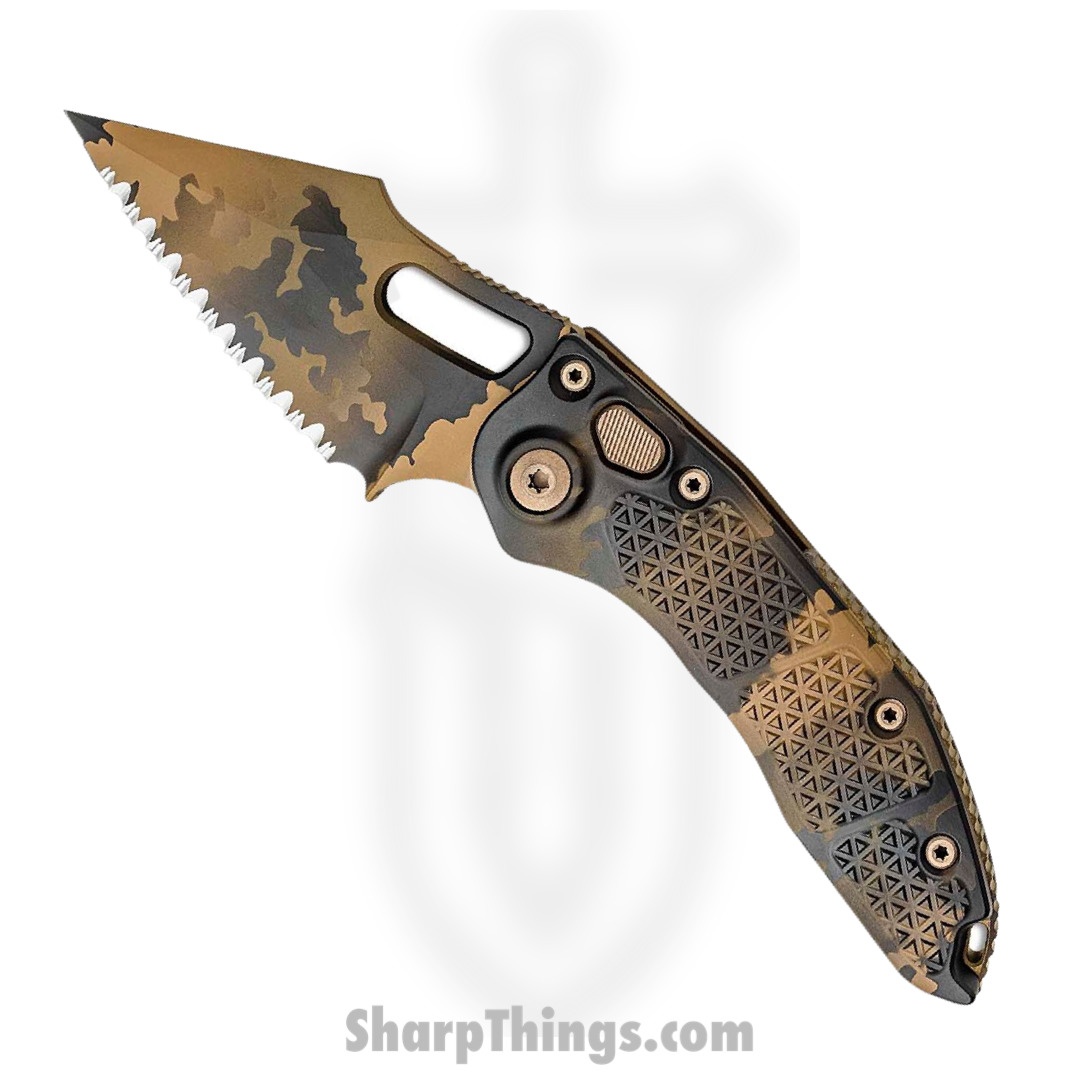 a1f6ae13-a166-48d6-92bc-fc54b17b302b_169-3CCS_1.jpg Microtech - 169-3CCS - Stitch Signature Series - Automatic Knife - M390 Coated Spear Point - 6061-T6 Aluminum - Coyote Camo - Image 1