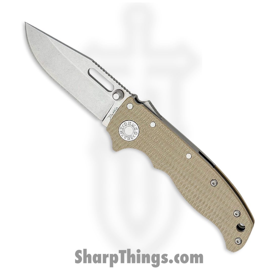 a4574aef-9104-49e9-8308-0b75d9f41588_DEM09628_1.jpg Demko Knives - DEM09628 - AD 20.5 Shark-Lock - Folding Knife - CPM-S35VN Stonewash Clip Point - G-10 - Tan - Image 1
