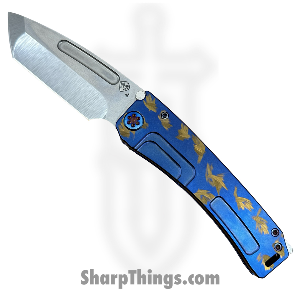 a46bd12a-df65-4fac-b761-aa1603a307e1_091924A_1.jpg Medford Knife and Tool - 091924A - Marauder-H - Folding Knife - S45VN Tumbled Tanto - Titanium "Birds of Paradise" - Blue Bronze - Image 1