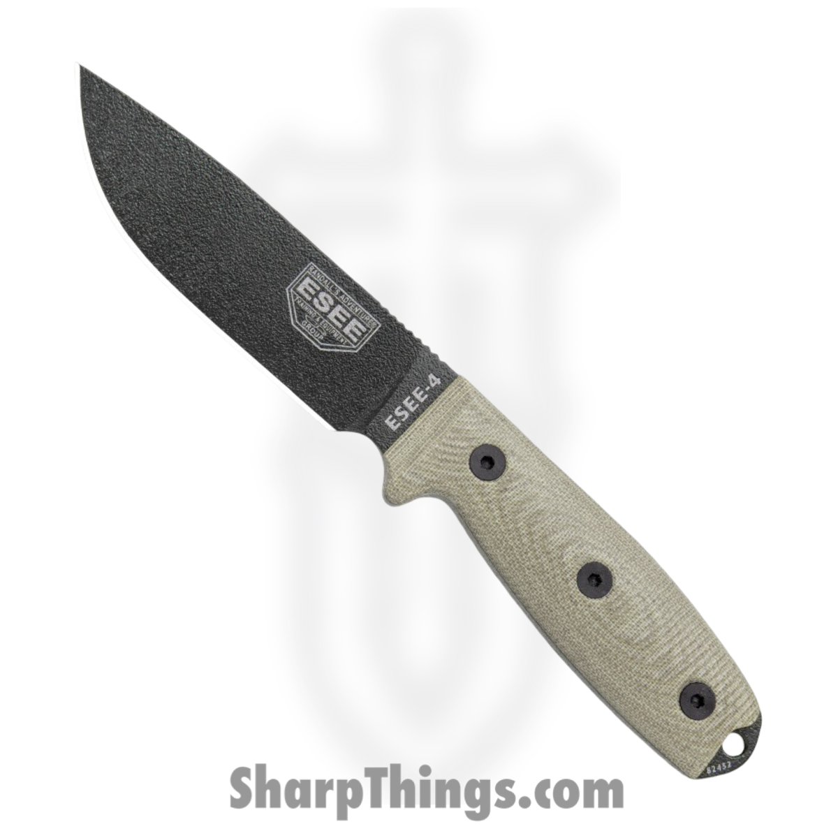 a4d394e0-7ba3-42a0-a704-032f196e066d_ES4PB017_1.jpg ESEE - ES4PB017 - Model 4 3D - Fixed Blade Knife - 1095HC Coated Drop Point - Canvas Micarta - OD Green - Image 1