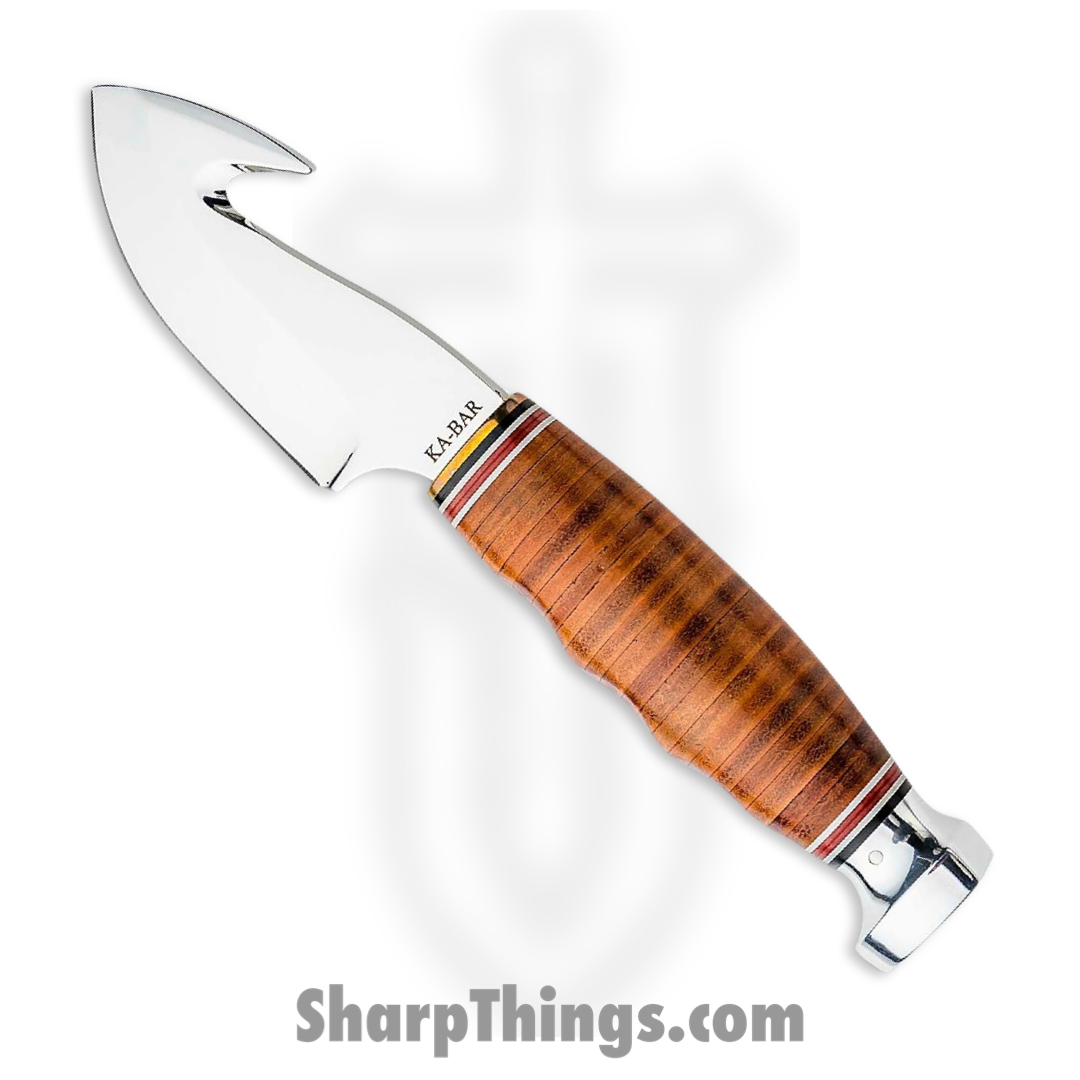 a6377eab-dfec-4c73-9d80-d89153c07eb9_KA1234_12.png Ka-Bar - KA1234 - Game Hook Hunter Blade with Gut Hook - Fixed Blade Knife - Stainless Steel Polished - Stacked Leather - Brown - Image 1