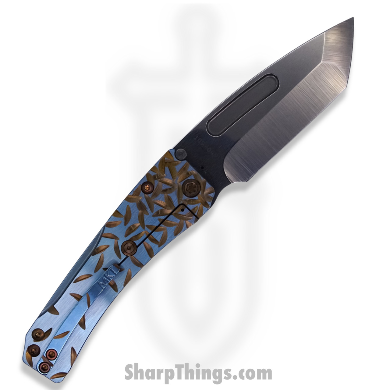 a7c99c10-0e9b-4bd6-81fd-9aca80505717_MK2013TT-37A2-T1C1-Q4_1.jpg Medford Knife - MK2013TT-37A2-T1C1-Q4 - Slim Midi Tanto Folder - Tumbled 3V - "Jasmine Fade" Aqua and Bronze - Image 1