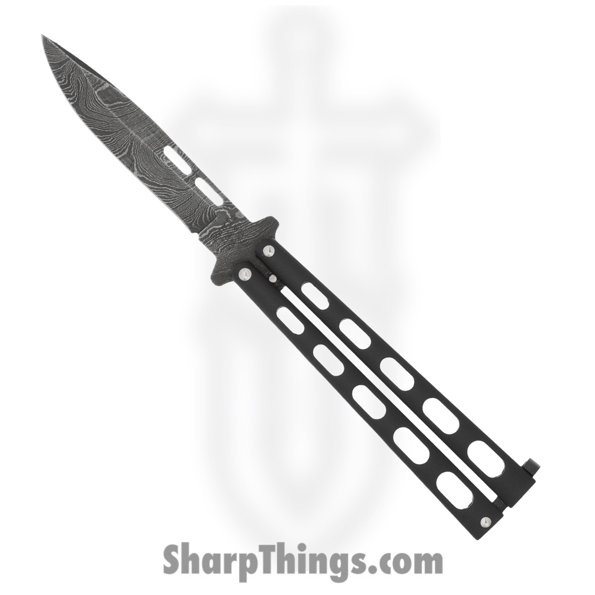 a96b33d8-c65f-4509-87a8-9018a29e9140_BC115D_1.jpg Bear & Son - BC115D - Butterfly - Balisong - Damascus Acid Etched Drop Point - Zinc - Black - Image 1