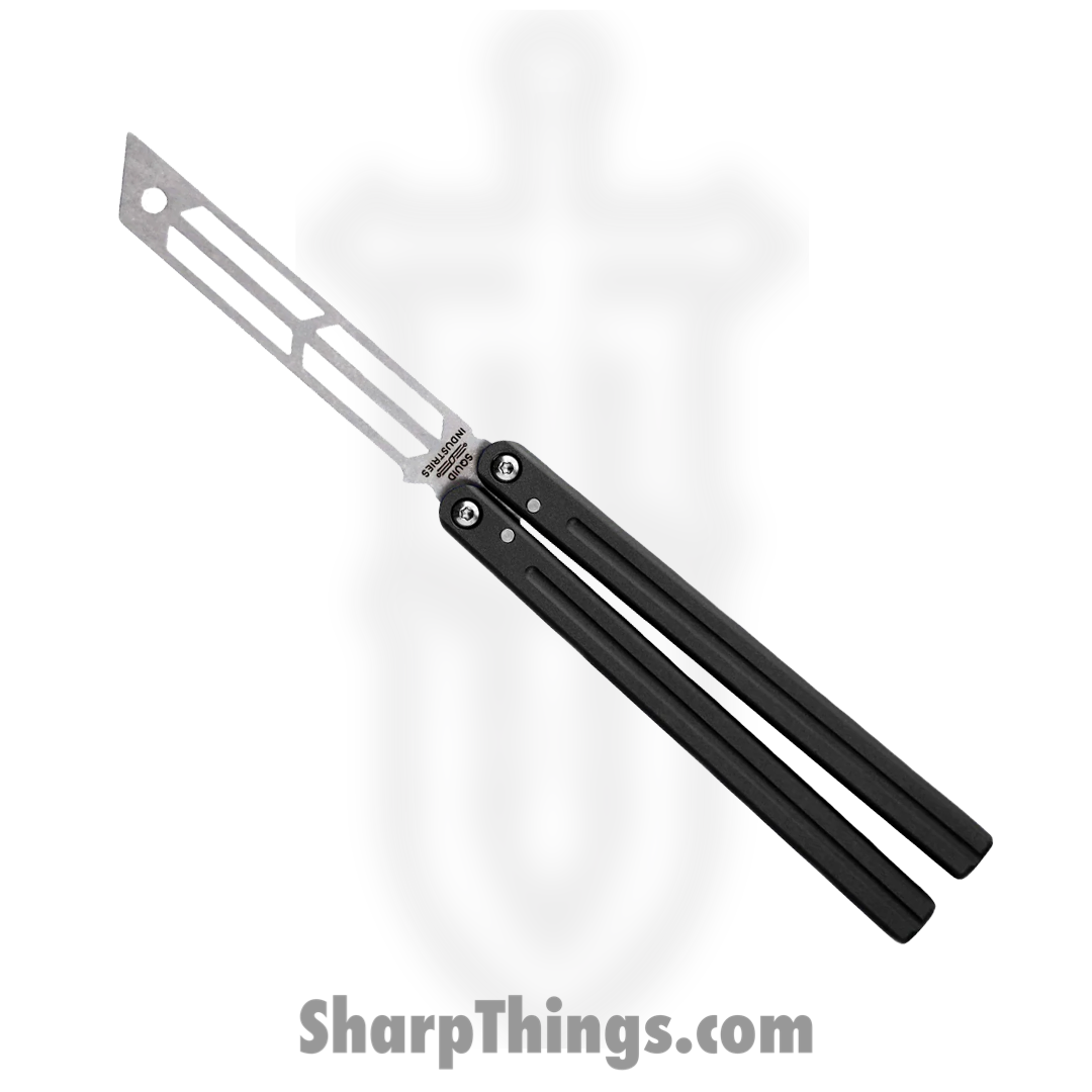 ad9248e4-dbea-4744-8155-39322bda491f_05TR01SW01BK_1.png Squid Industries - 05TR01SW01BK - Triton V2 Knife Trainer - Balisong - 301HH Blasted Tanto - 6061-T6 Aluminum - Black - Image 1