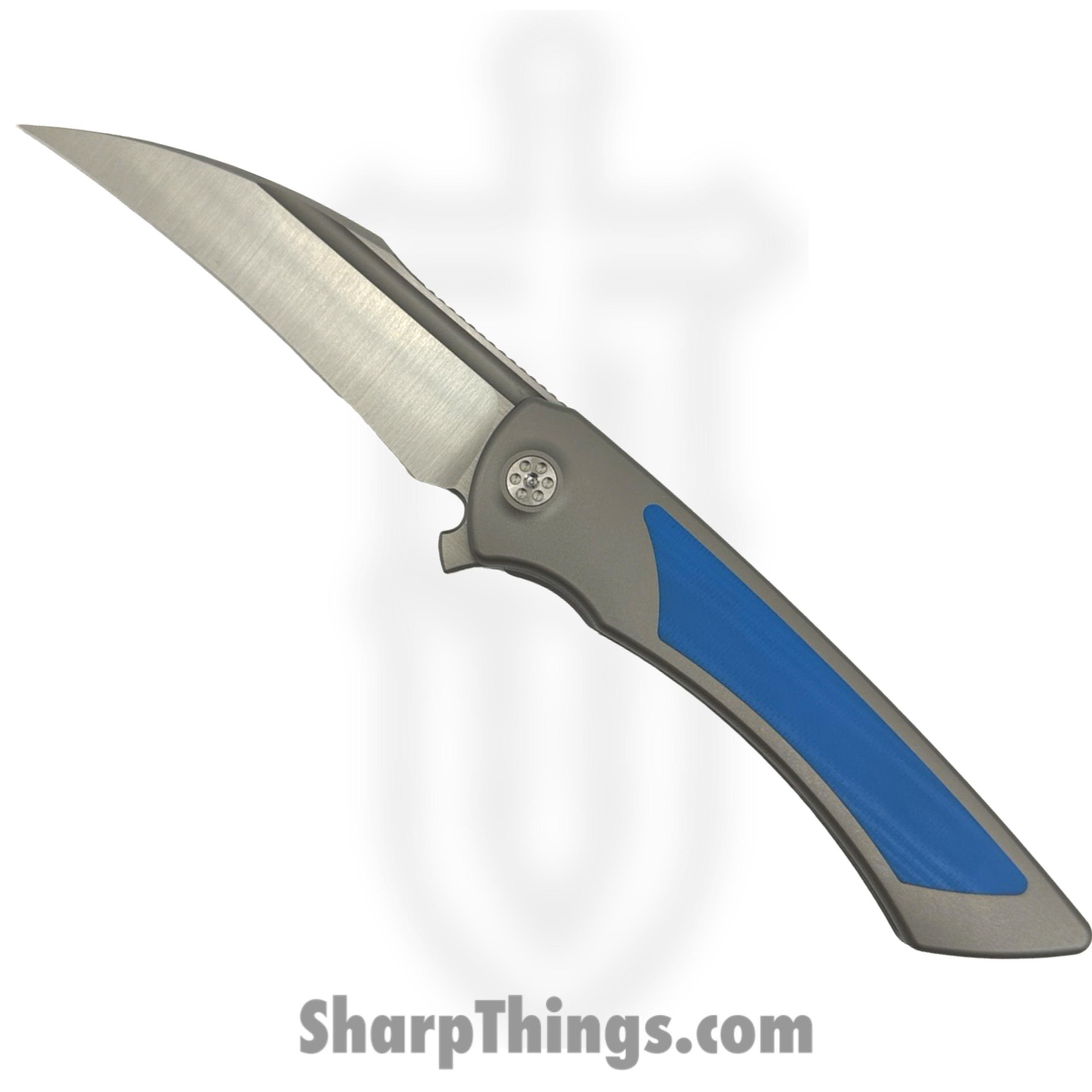 ae3422ce-cc46-454f-88ec-3125ecd7c2c8_DER-GY-BL_1-scaled-1.png SharpByDesign - DER-GY-BL - Derecho - Folding Knife - Belt Satin M390 Hawkbill - Gray Zirc Blasted Ti w Blue G-10 - Blue - Image 1