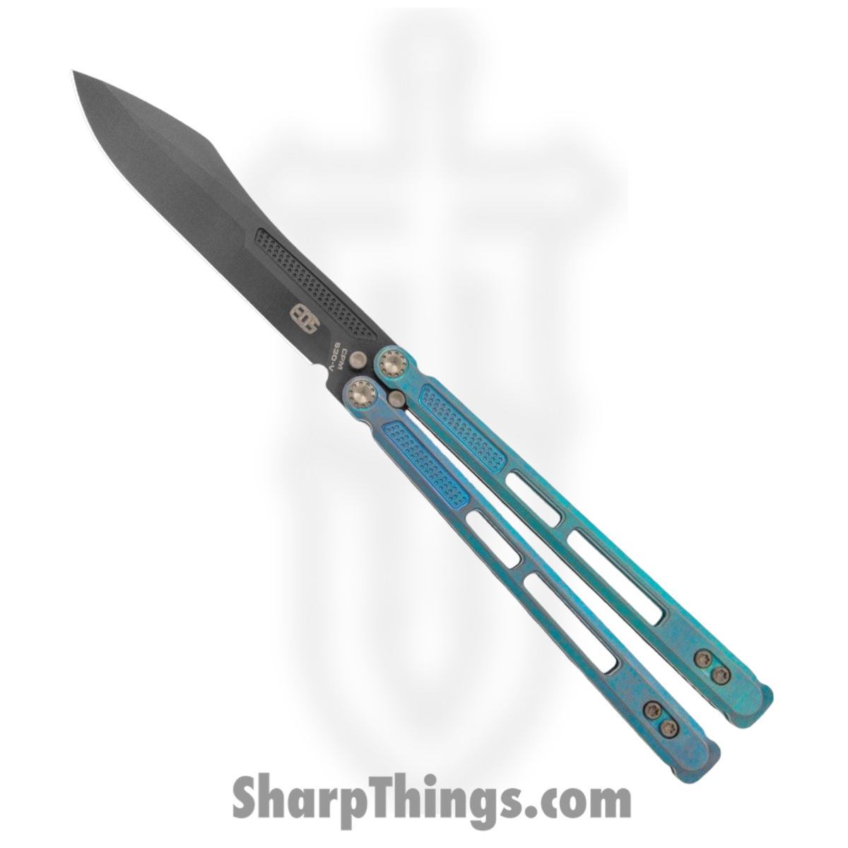 aee5ffdb-5bfc-4dc4-8a4e-74620f6f6bdb_EOS100_1.jpg EOS - EOS100 - Trident - Balisong - CPM S30V Coated Modified Drop Point - Titanium - Antique Green - Image 1