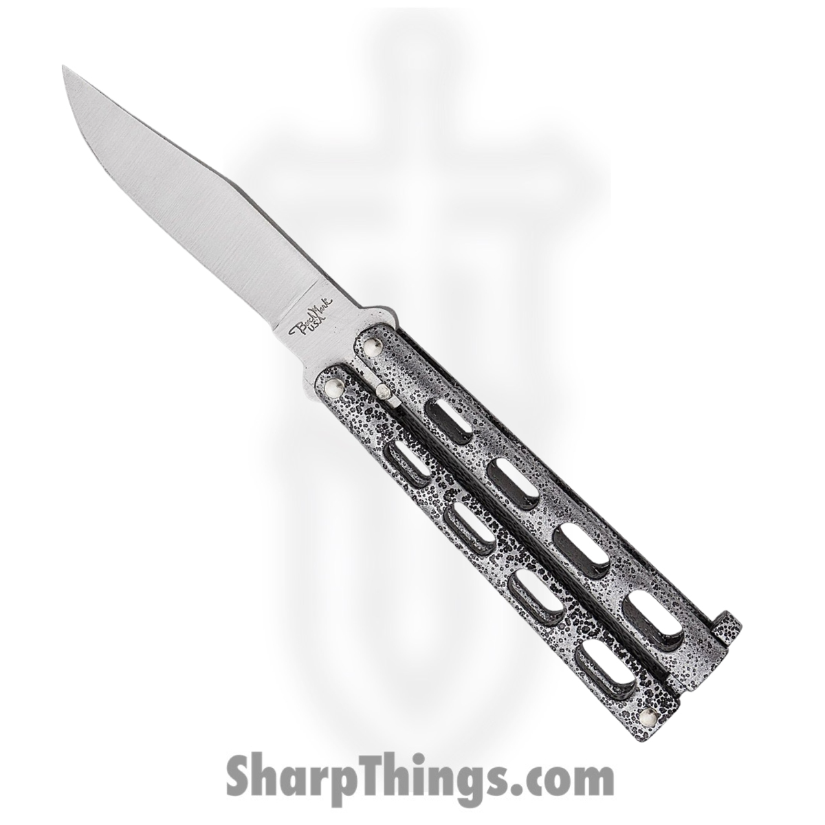 af4be30b-3e8a-4cde-9a67-e619e66d6497_BM008_1.jpg BenchMark - BM008 - Butterfly Knife - Balisong - Stainless Satin Clip Point - Epoxy Powder Coat Metal - Black Silver - Image 1