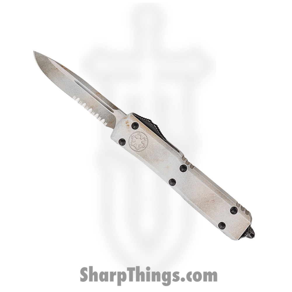 af7c653d-44a4-43b1-91bf-62a299ec1b89_121-2SAD_1.jpg Microtech - 121-2SAD - Ultratech Sandtrooper P/S - OTF Auto - M390 Cerakote Drop Point - 6061-T6 Aluminum - White Sandtrooper Mil-Spec Hard Coat Anodizing - Image 1