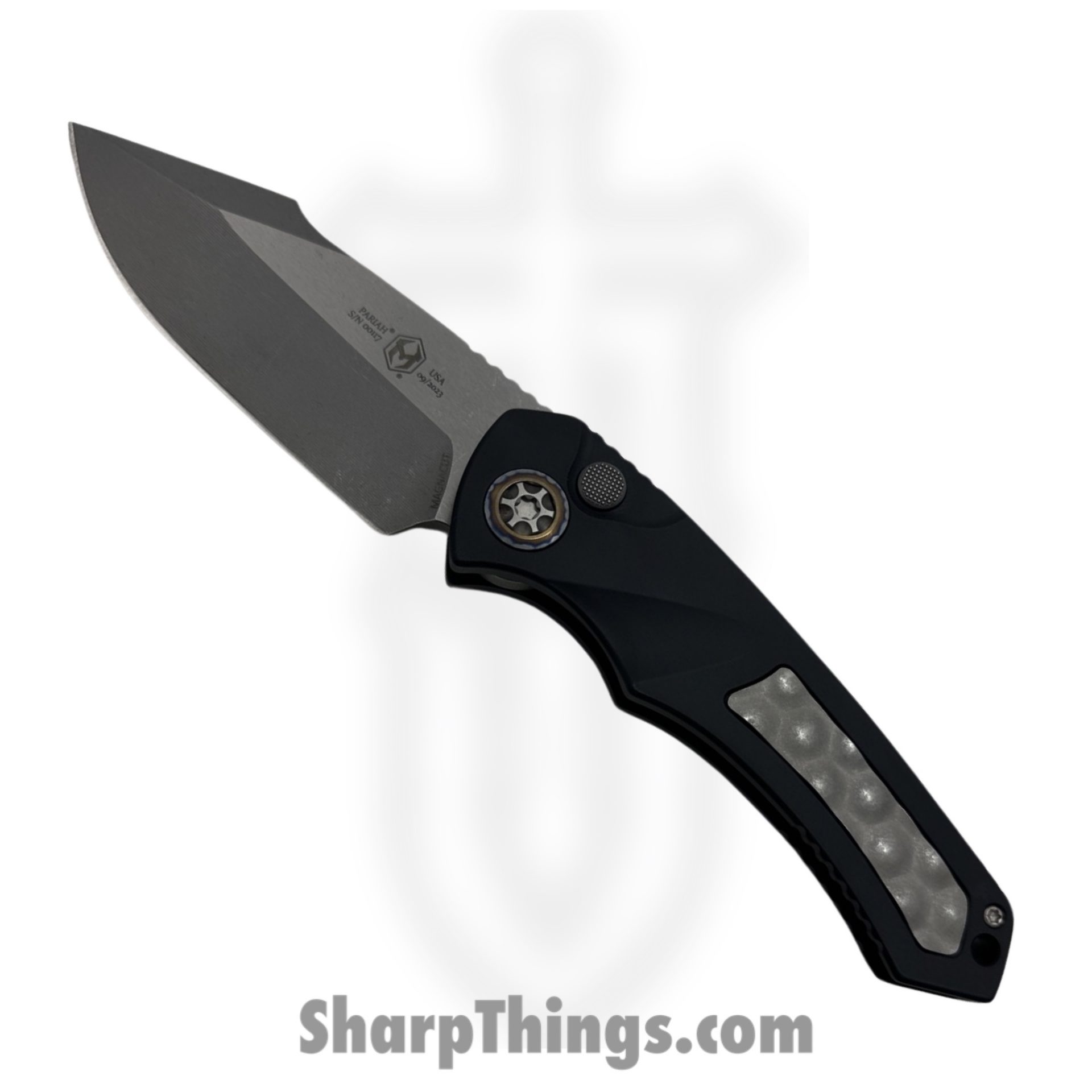 b0a01f44-4a27-4446-955c-ea437b7849e1_H048-5A_1.jpeg Heretic Knives - H048-5A - Pariah - Automatic Knife - CPM Magnacut Battleworn Drop Point - Aluminum with Stainless Steel Bubble Inlay - Black - Image 1
